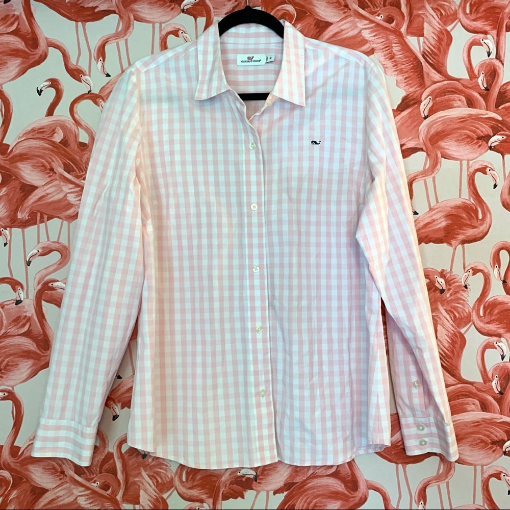 Vineyard Vines Pink and White Gingham Plaid Button Up Size 16
